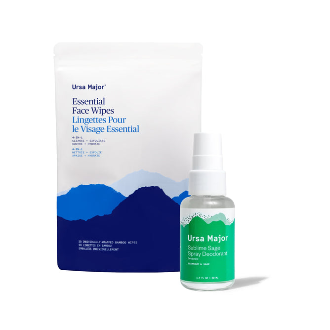 The Ursa Major Workout Bundle includes bamboo face wipes and herbal deodorant, both featuring mountain-themed designs on a white background.