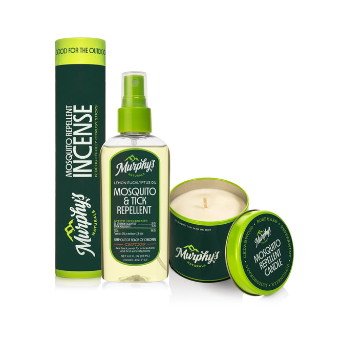 The Murphys Naturals Mosquito Defense Set, featuring an incense tube, spray bottle, and tin candle with green and white labels, provides effective outdoor protection and is shown against a white background.
