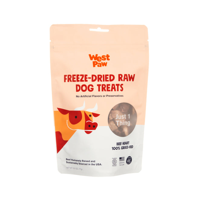 West Paw Dog Treat - Freeze-Dried Grass-Fed Beef Heart is a single-ingredient treat made in the USA from 100% grass-fed beef. The light orange bag features a cartoon cow and highlights eco-friendly practices and Just 1 Thing.