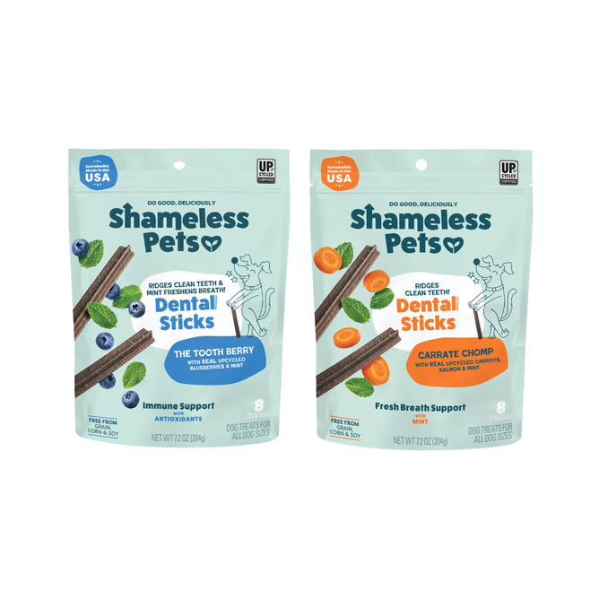 Two bags of Shameless Pets dog dental sticks are shown: The Tooth Berry (blueberries & mint) and Carrate Chomp Dental Stick + free gift (carrots & mint). Both highlight dental health benefits for dogs.