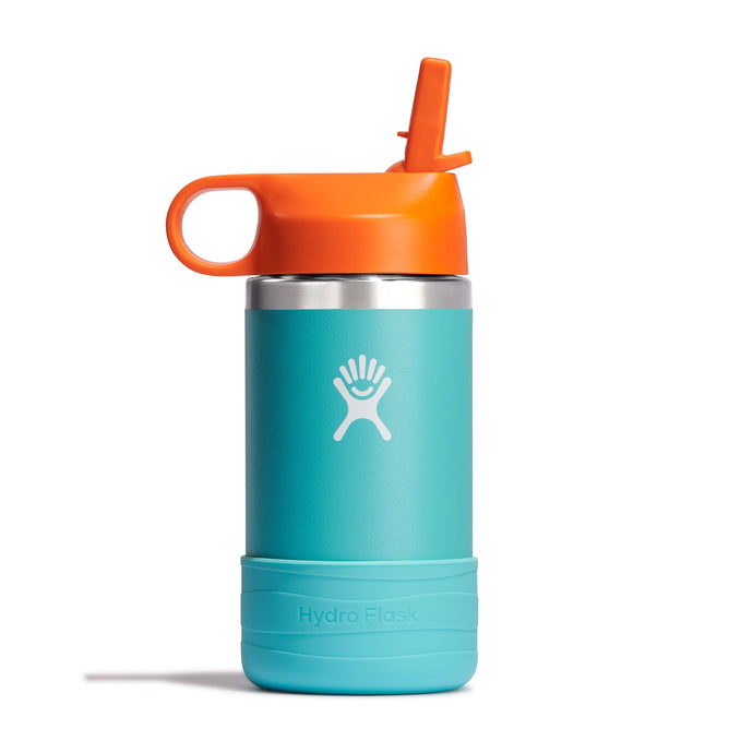 A turquoise Hydro Flask Kids Stainless Steel Wide Mouth Bottle, 12 oz, with white logo, silver trim, and orange straw lid with handle. Features double-wall vacuum insulation, is BPA-free, and stands upright on a plain white background.