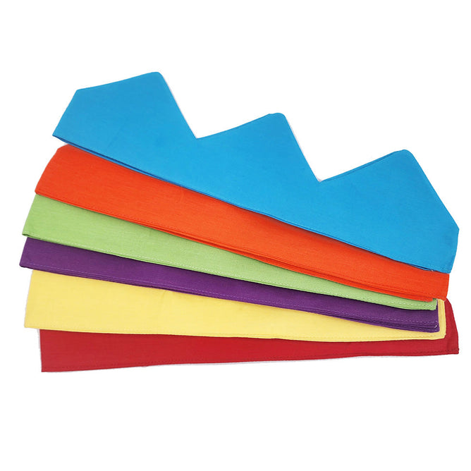 Waste Free Celebrations Reusable Party Crowns, made of vibrant cotton, are displayed in blue to red hues. Each crown showcases a zigzag top design and has a resizable Velcro closure for an ideal fit. Plus, theyre machine washable!.