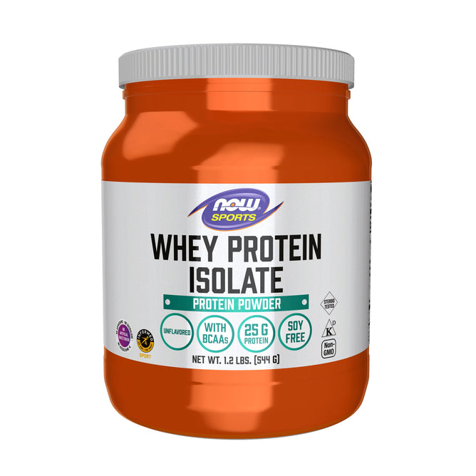 A 1.2 lb (544 g) orange container of NOW Foods Whey Protein Isolate Pure, unflavored, offers 25g high-quality protein and BCAAs per serving; it’s soy free and non-GMO.