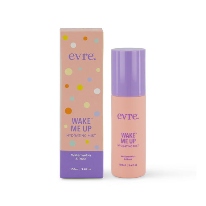 The image features evre.s Wake Me Up Watermelon & Rose Face Mist, with a playful pink design adorned with colorful dots and purple caps. This 100ml hydrating mist is infused with refreshing essence, making it the ideal pick-me-up for your skin.