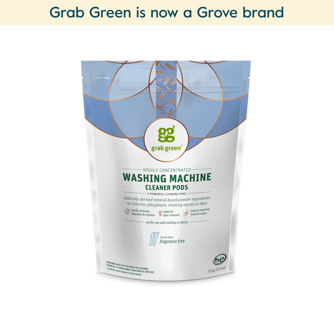 A stand-up pouch of grab green Washing Machine Cleaner Pods - Fragrance Free (Coming Soon!) is centered on a white background. Text above reads: grab green is now a Grove brand.