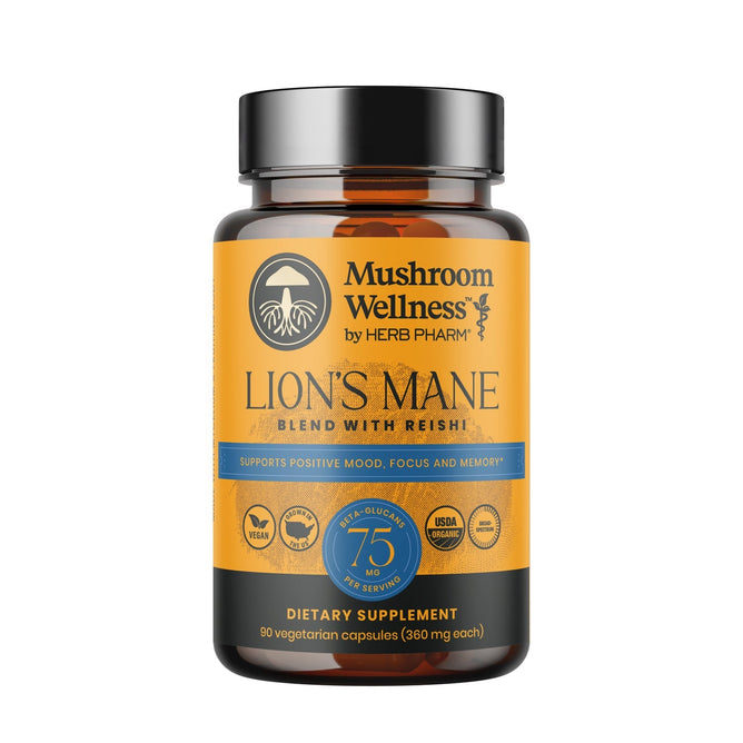 A brown bottle of Herb Pharm Mushroom Wellness Lions Mane Blend Caps with a blue and yellow label, offering 90 vegetarian capsules for focus and memory support.
