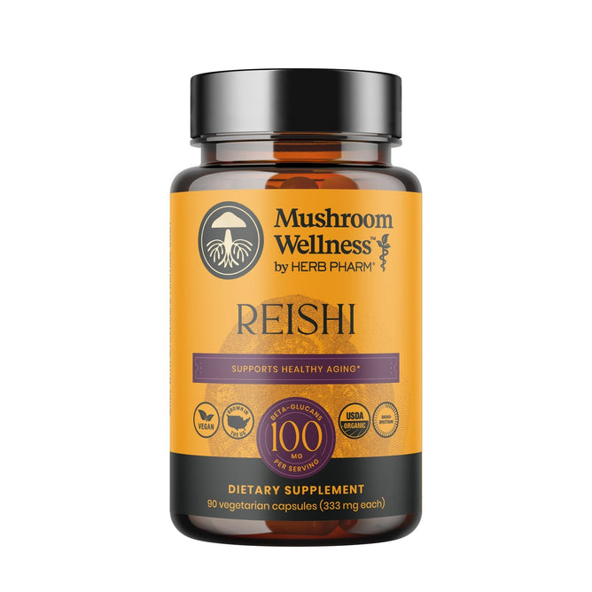 Herb Pharm Mushroom Wellness Reishi Caps—90 vegetarian capsules, 100 mg per serving, brown label, USDA organic and vegan symbols, for healthy aging.