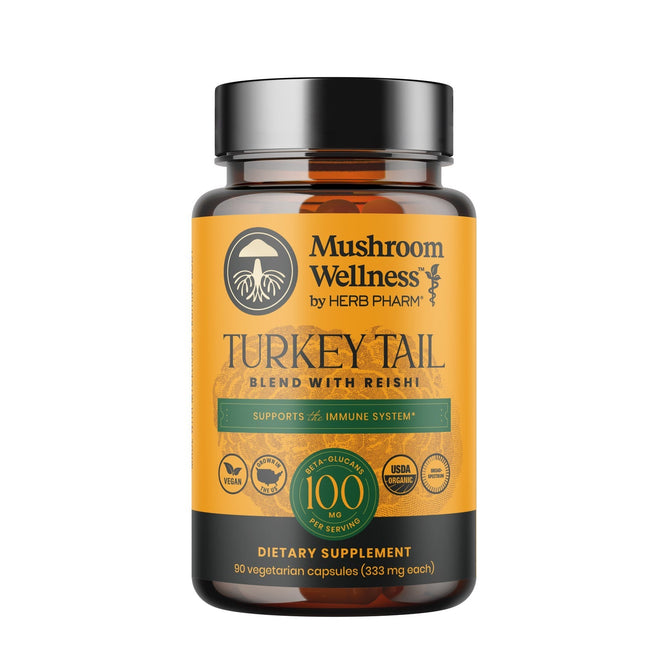 Herb Pharm Musroom Wellness Turkey Tail Plend Caps comes in an amber bottle with a black cap and labels for immune support, vegan, USDA organic, and non-GMO. Each bottle contains 90 vegetarian capsules.