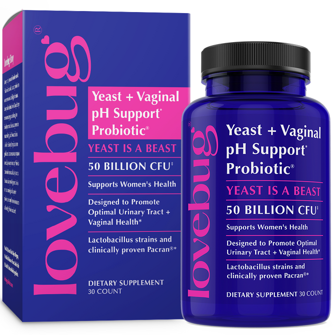 A purple bottle and box of Lovebug Womens Health Probiotic - Yeast and Vaginal pH Support (Yeast is a Beast), with white and pink text highlighting 50 billion CFU for women’s urinary tract and vaginal health.