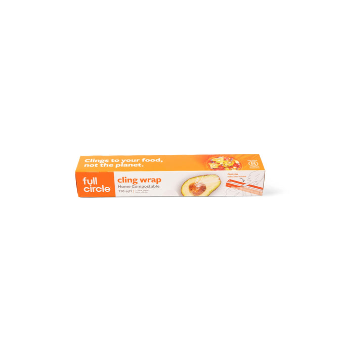 Full Circles Certified Compostable Cling Wrap, 150 sq ft, features an orange and white design with avocado and food images. The packaging highlights the slogan Clings to your food, not the planet and includes a slide cutter for easy use.