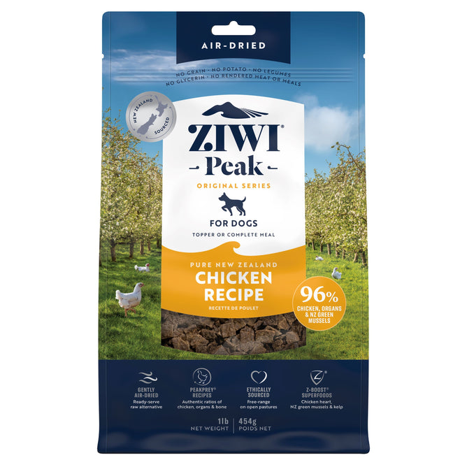 A 1lb bag of ZIWI Air-Dried Dog Food – Chicken, all natural, high protein, grain free, and limited ingredient with superfoods. The blue pack highlights 96% chicken, organs & mussels—an ideal raw alternative for dogs.
