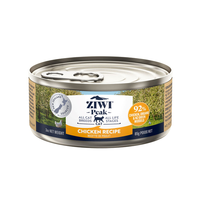 A can of ZIWI Canned Wet Cat Food- Chicken—an all natural, high protein, grain free recipe with superfoods—features a silver pull-tab lid and label with green fields, black cat silhouette, and text highlighting 92% chicken content.