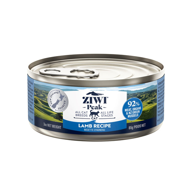 A can of ZIWI Canned Wet Cat Food - Lamb, all natural, high protein, grain-free, limited ingredient recipe with superfoods, featuring New Zealand ingredients and a landscape image; 3oz net weight (85g poids net).