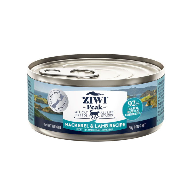 A can of ZIWI Canned Wet Cat Food – Mackerel & Lamb, 85g, all natural and grain free with high protein and superfoods, features blue and white label art and highlights 92% fish, meat, organs and New Zealand Green Mussels.