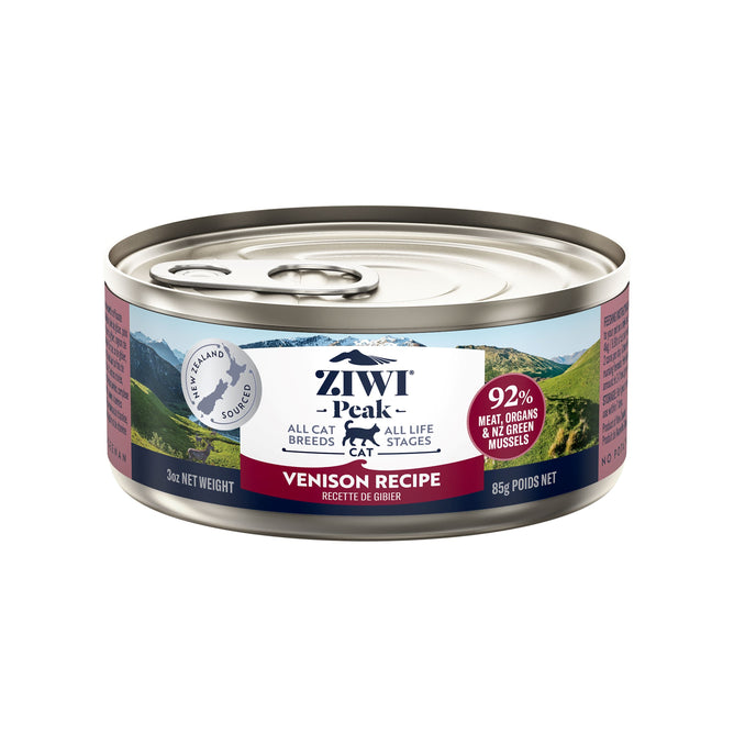 A can of ZIWI Canned Wet Cat Food - Venison features all natural, high protein, grain-free, limited ingredients with superfoods. 85g pull-tab can. Suitable for all cat breeds and life stages; made with 92% meat/organs/green mussels.