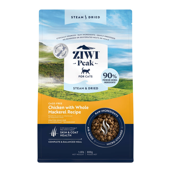 A bag of ZIWI Steam & Dried Cat Food - Cage-Free Chicken w/ Mackerel offers high protein, low carb nutrition for all life stages, supporting skin and coat health with omega-3 fatty acids from premium animal ingredients.