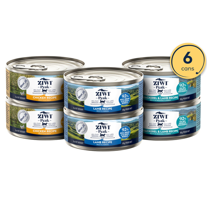 Six cans of ZIWI Wet Cat Food Variety Pack—All Natural, High Protein, Grain Free, Limited Ingredient with Superfoods—in three flavors: chicken, lamb, and mackerel & lamb. A yellow circle highlights “6 cans,” emphasizing ethical sourcing.