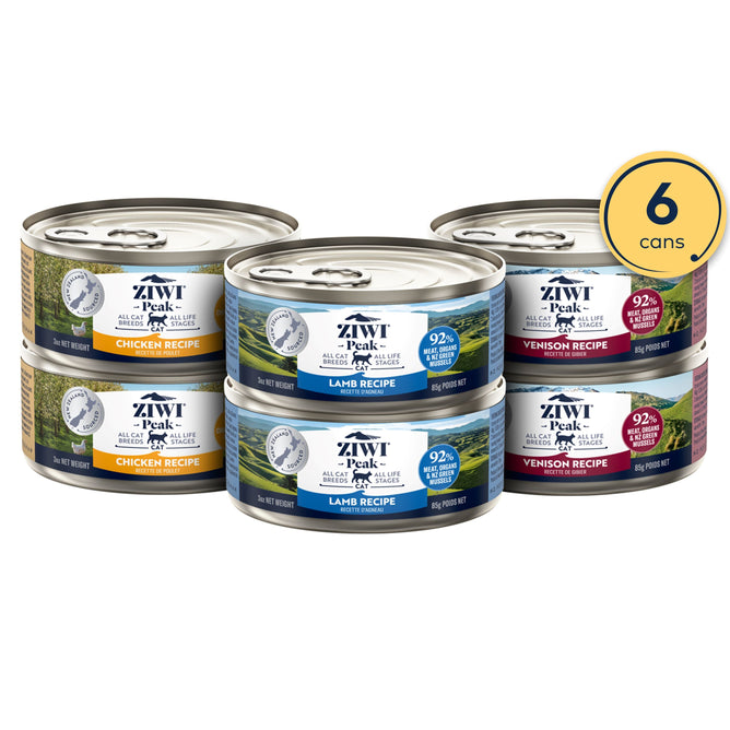 ZIWI Wet Cat Food Variety Pack includes 6 grain-free cans (2 each of chicken, lamb, venison) made with all-natural, high-protein ingredients and superfoods. Limited ingredient formula. Yellow circle on top right marks 6 cans.