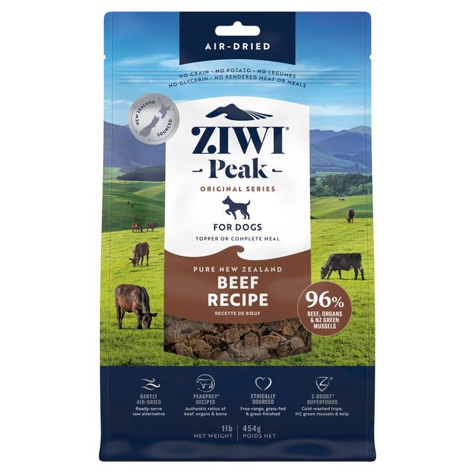 A bag of ZIWI Air-Dried Dog Food – Beef, all natural, high protein, grain free, limited ingredient with superfoods. The package shows cows in a green field and highlights “96% beef, organs & New Zealand green mussels.”.