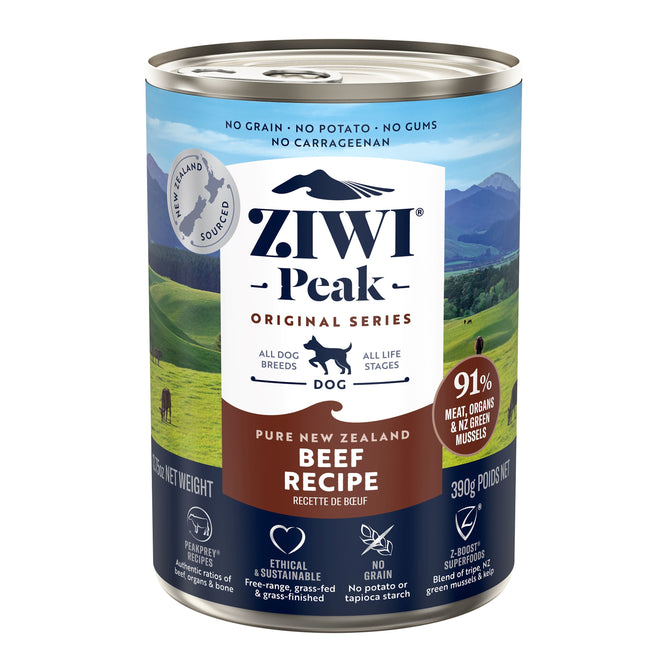 A can of ZIWI Canned Wet Dog Food – All Natural, High Protein, Grain Free, Limited Ingredient, with Superfoods; made with 91% New Zealand-sourced meat and green mussels for all dog life stages—no grains or potatoes.