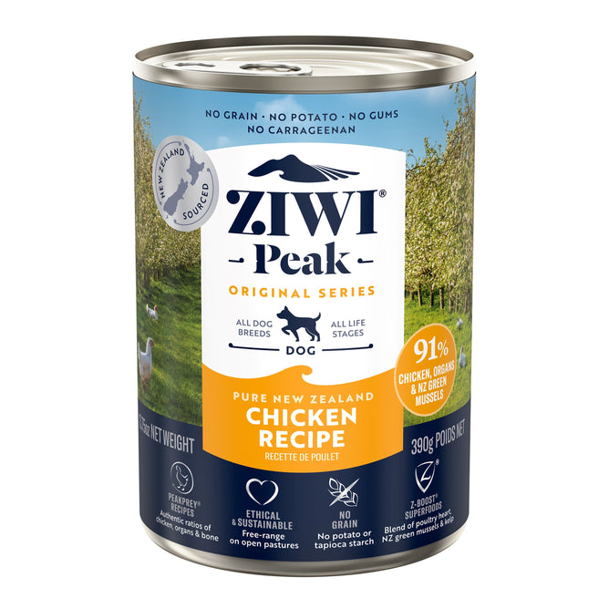 A can of ZIWI Canned Wet Dog Food – All Natural, High Protein, Grain Free, and Limited Ingredient with Superfoods, ideal for all breeds and life stages. Made with ethically sourced chicken and green mussels from New Zealand.