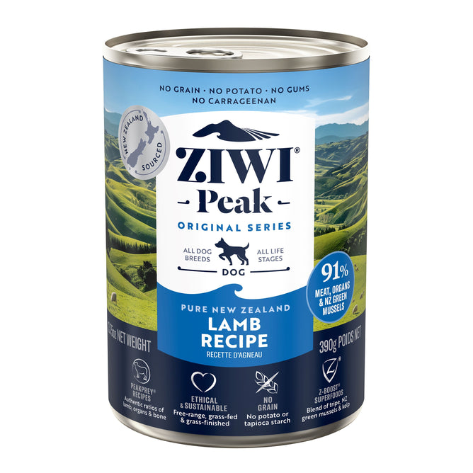 A can of ZIWI Canned Wet Dog Food – All Natural, High Protein, Grain Free, Limited Ingredient with Superfoods, featuring 91% meat and New Zealand Green Mussels for premium nutrition. Suitable for all breeds and life stages.