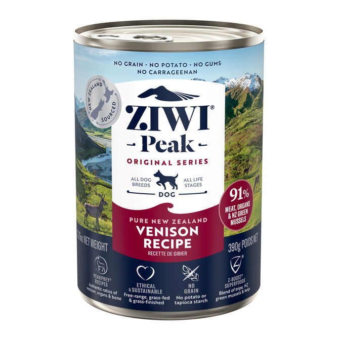 A can of ZIWI Canned Wet Dog Food—All Natural, High Protein, Grain Free, Limited Ingredient with Superfoods—features premium New Zealand ingredients in a pate style, with label art showing mountains, fields, sheep, and 91% meat content.