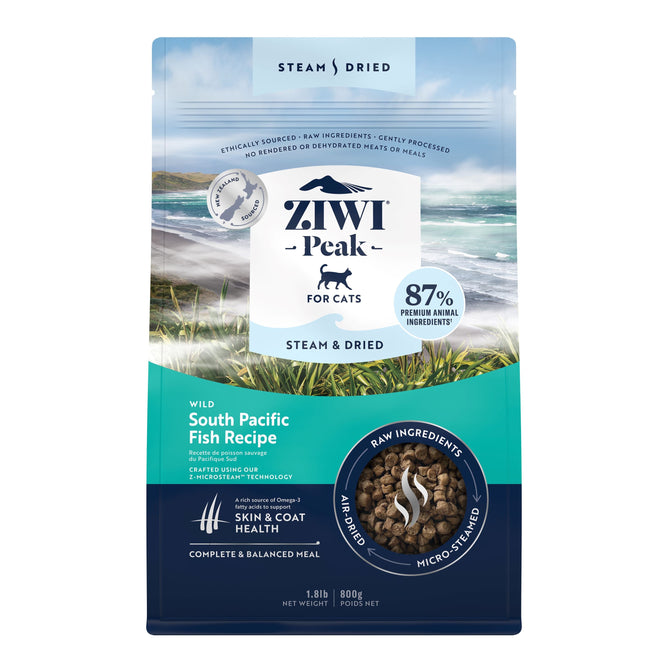 An 800g bag of ZIWI Steam & Dried Cat Food - Wild South Fish is shown. The teal and white pack features ocean imagery, highlights MicroSteam tech, high protein, low carb, and omega-3 for skin & coat health. Suitable for all life stages.