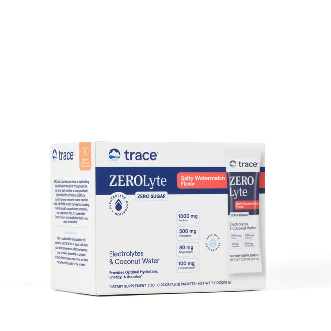 A white box of Trace Minerals ZeroLyte Salty Watermelon showcases zero sugar, optimal hydration, muscle support, and key sodium and electrolytes for effective coconut water electrolyte supplementation, with nutrition details on the front.