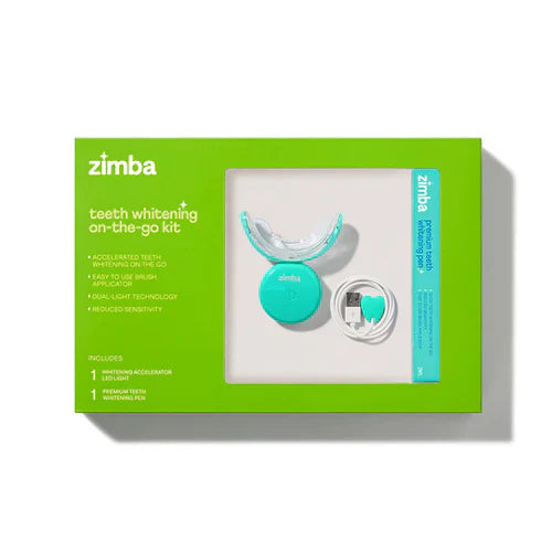 A green and white Zimba On-the-Go Kit box displays a whitening pen, mouth tray, LED teeth whitening device, and charging accessories through a clear window. Key features and kit contents are highlighted on the packaging.