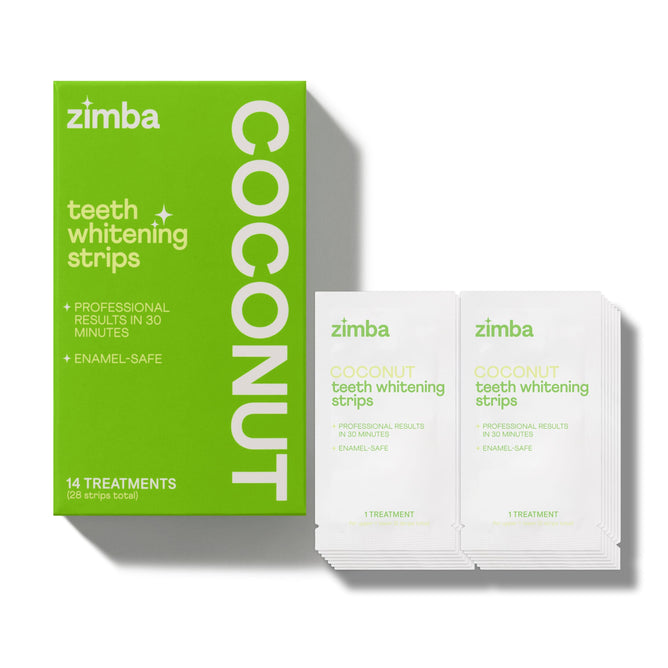 A green box labeled Zimba Whitening Strips is shown beside several matching packets. The box highlights 14 treatments, promises whiter teeth in 30 minutes, and features reduced sensitivity.