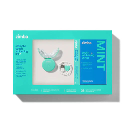 Zimba Ultimate Whitening Kit in teal includes mouth tray, USB cable, LED light, and whitening strips. Features mint flavor and supplies seven treatments.