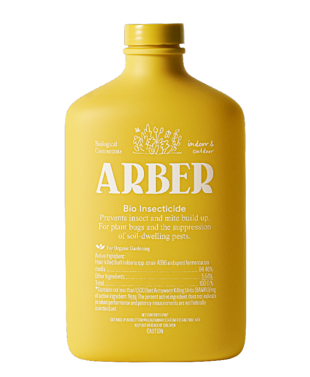 The Arber Bio Insecticide Indoor/Outdoor Concentrate comes in a yellow bottle and is certified organic, ideal for tackling insect and mite buildup in organic gardening. Its label emphasizes effectiveness, with a detailed ingredient list for versatile indoor or outdoor use.