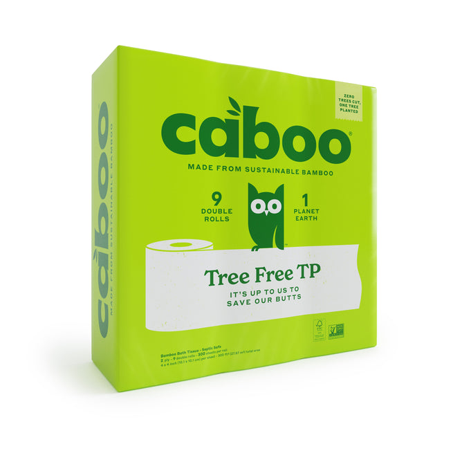 A green box of Caboo 2-Ply Bath Tissue, made from bamboo with an owl design, features Tree Free TP and 9 double rolls, 1 planet earth. Emphasizing eco-friendly, sustainable materials, its also septic safe.