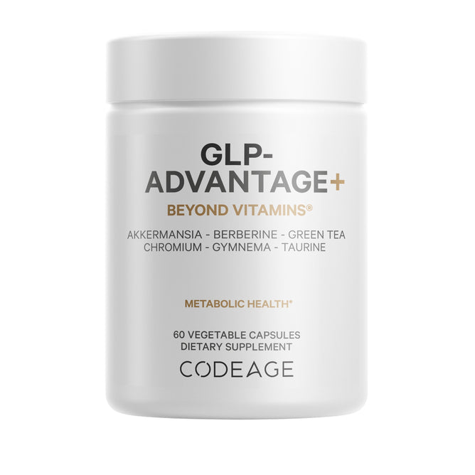 The Codeage GLP-Advantage+ dietary supplement, in a white container with 60 veggie capsules, features ingredients like Akkermansia, Berberine, Green Tea, Chromium, Gymnema, and Taurine to support GLP-1 activity and promote metabolic health for effective weight management.