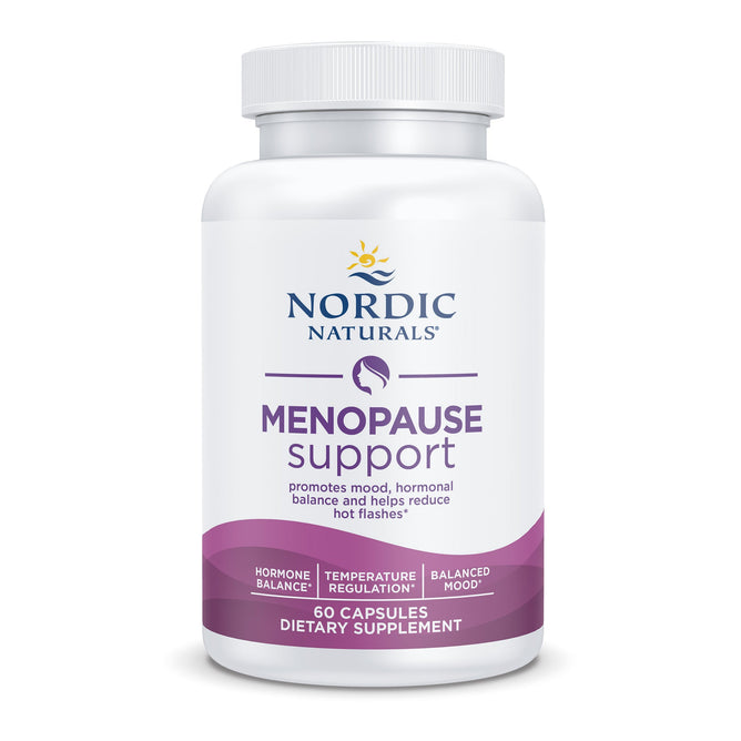 Nordic Naturals Menopause Support dietary supplement comes in a white bottle with 60 capsules, promoting mood, ensuring hormonal balance, and reducing hot flashes.