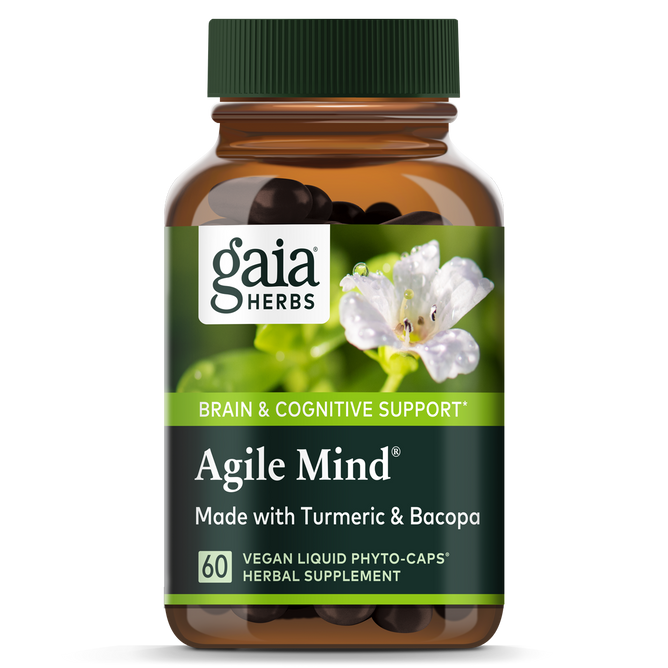 A bottle of Gaia Herbs Agile Mind® for brain and cognitive support, featuring a label with a white flower and green text emphasizing turmeric and bacopa. Contains 60 vegan liquid phyto-caps to boost adaptogenic support.