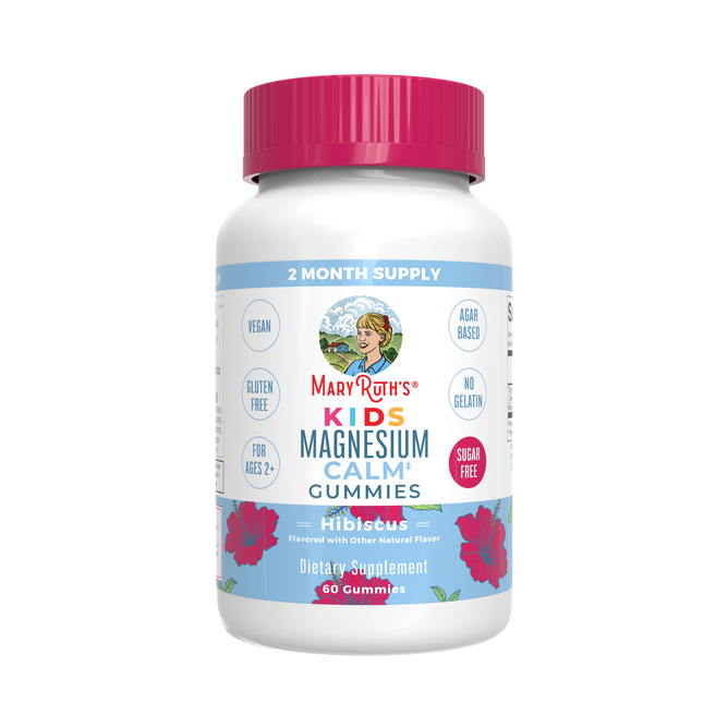 MaryRuths Kids Magnesium Calm Gummies feature a white label with pink and blue accents. Suitable for ages 2+, these vegan, gluten-free, sugar-free gummies support bone health. Each bottle offers 60 hibiscus-flavored magnesium gummies to enhance your childs wellness.