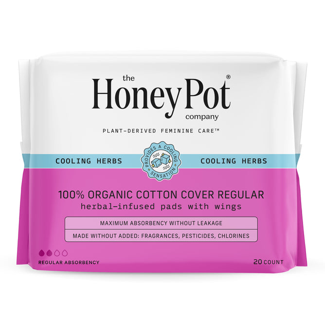 The Honeypot Companys 100% Organic Cotton Cover Regular Menstrual Pads - Herbal-Infused offer cooling herbs, maximum absorbency, and are free from fragrances, pesticides, and chlorine.