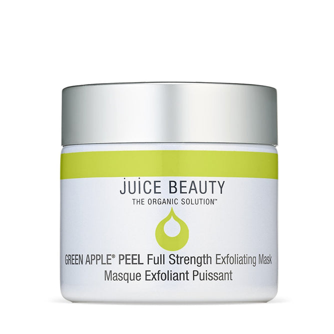 A white and silver jar of Juice Beautys Green Apple Peel Full Strength Exfoliating Mask features a vibrant green apple design. The black, white, and green label proudly presents The Organic Solution slogan at the top, and the mask is infused with Bakuchiol for enhanced results.
