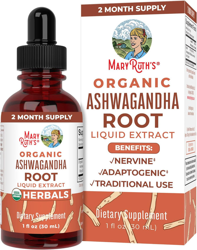 A bottle of MaryRuths Ashwagandha Root Liquid Drops is next to its box, featuring stress support, adaptogenic benefits, and traditional Ayurveda use. This dietary supplement offers a 2-month supply in a 1 fl oz (30 ml) brown bottle.