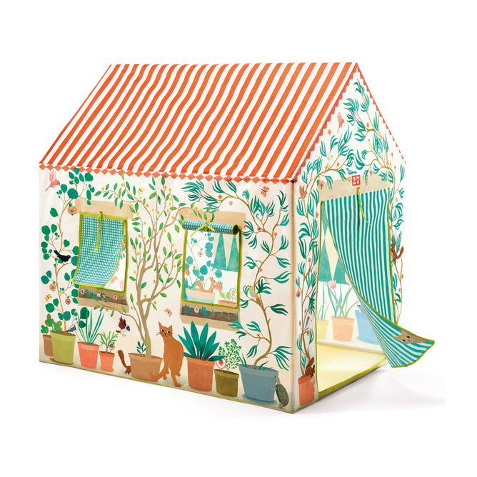 The DJECO Garden Tent Play House is a colorful tent with a red and white striped roof, two window openings, a door flap, and features plant, tree, and cat illustrations. It includes a green and white striped entryway curtain, perfect for creative play or as a kids hideout.