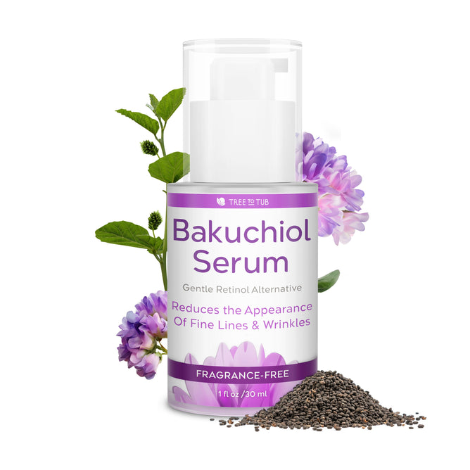 A bottle of Tree To Tubs Gentle Retinol Alternative Bakuchiol Face Serum sits among flowers and leaves. The text reads, Reduces the Appearance of Fine Lines & Wrinkles. Fragrance-Free. A small seed pile highlights this natural serums skincare benefits for smooth, radiant skin.