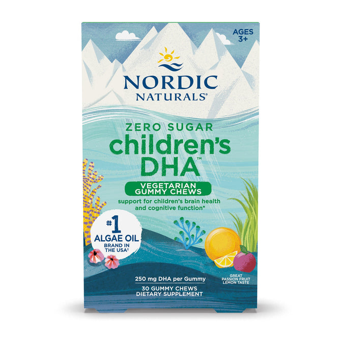 Nordic Naturals Childrens DHA Veg Gummy Chew for ages 3+ offers lemon-flavored vegetarian gummies with algae oil, supporting brain health and cognitive function. These sugar-free chews provide plant-based DHA in 30 servings per package.
