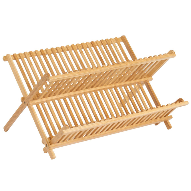 The iDesign Bamboo Folding Collapsible Dish Drying Rack features two tiers, slatted surfaces, and a natural wood finish. Its simple angled structure showcases the eco-friendly appeal of renewable bamboo.