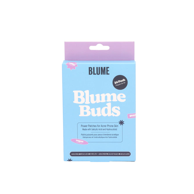 Image of a Blume Skincare Buds Power Patches box. The packaging is blue with purple accents and features Power Patches for Acne-Prone Skin and 24 Pack. These acne patches, with Salicylic Acid, provide effective blemish treatment for clearer skin.