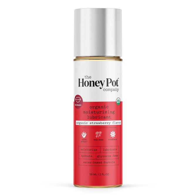 A 59 ml bottle of The Honeypot Companys Organic Lubricant features sweet agave extract and organic strawberry flavor. Its a hydrating, cruelty-free, glycerin-free herbal lube in striking red packaging with a silver cap for an elegant touch.