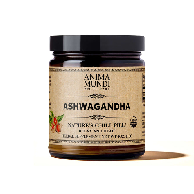 A dark glass jar labeled Anima Mundi ASHWAGANDHA, Natures Chill Pill, features berry illustrations, organic certification, and highlights its adaptogenic Indian Ginseng roots. Net Wt 4oz/113g.