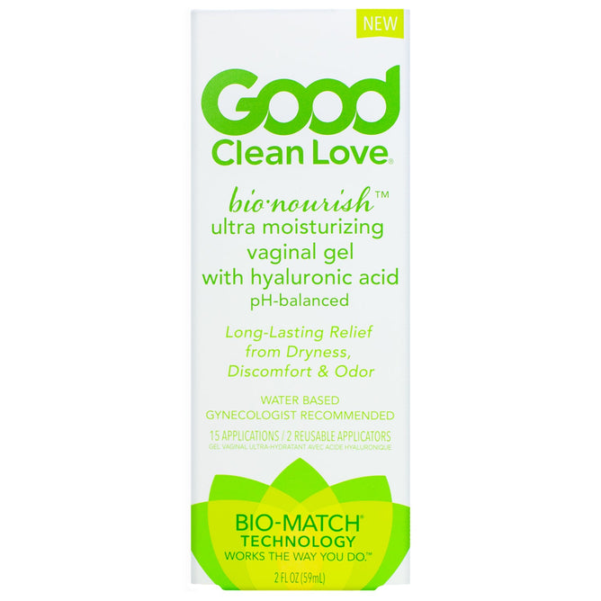 Image of Good Clean Love BioNourish Premium Personal Moisturizer packaging. Infused with hyaluronic acid, this gynecologist-recommended product promotes vaginal health by providing pH-balanced, long-lasting relief with its water-based formula and bio-match technology.