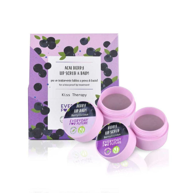Discover the Everyday For Future Lip Balm & Scrub Kiss Therapy Starter Set. Encased in a purple box with berry graphics, this set includes open containers showcasing Organic Acai Berry goodness for ultimate lip care indulgence.